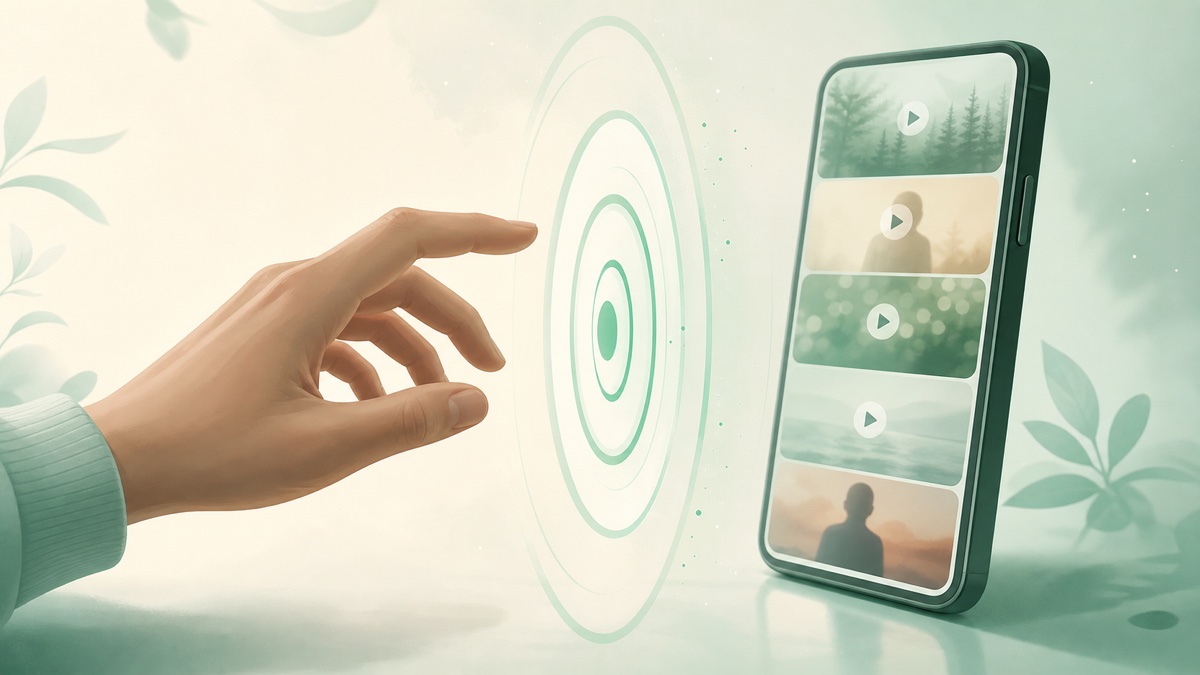 A hand pauses in front of green ripples before reaching a phone showing an endless video feed.